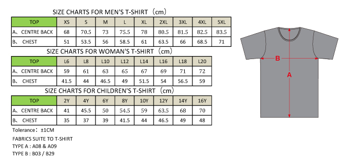 Sublimated Tee Shirt Size Chart